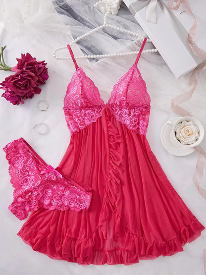 Ladies' Sexy Ruffle Trim Cami Nightdress & Bow Decor Panty Set, Comfortable Playful Floral Lace Sheer Sleepwear Set, Glamour Lingerie Set