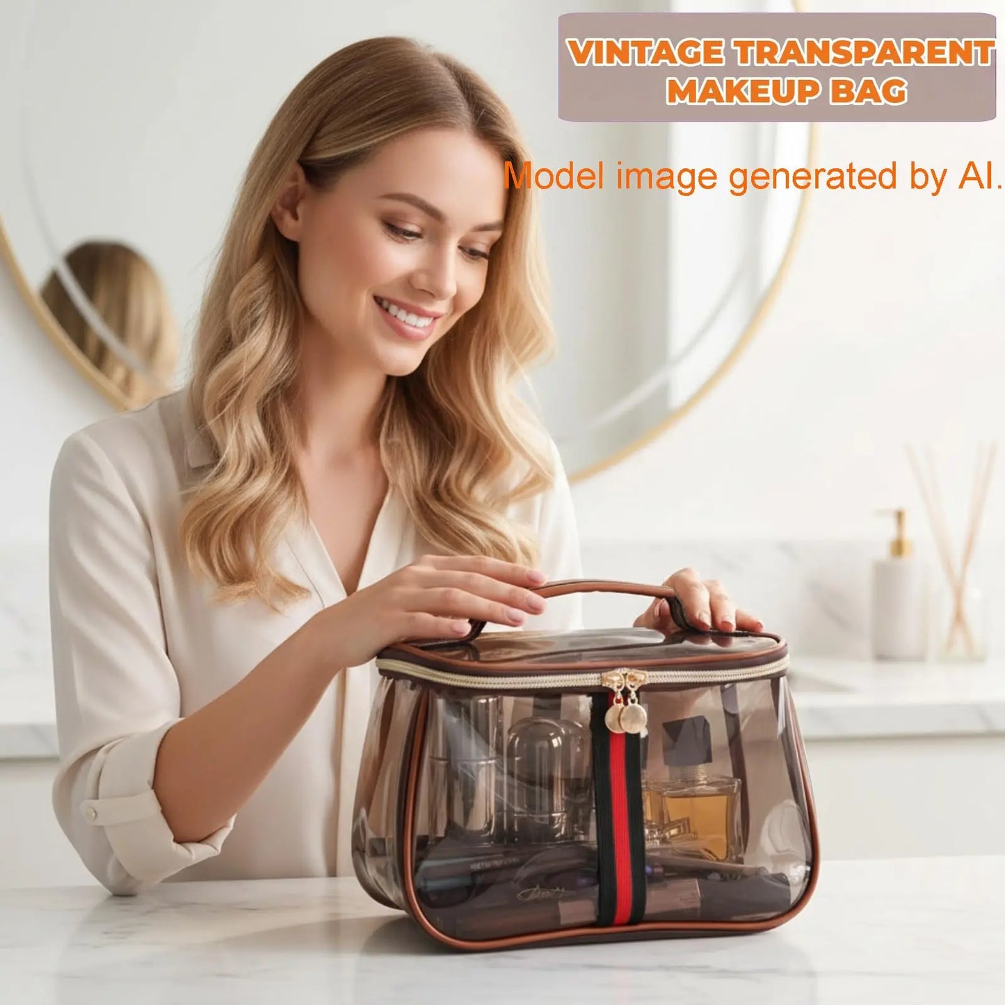 New Retro Vintage Vanity Bag, Clear Makeup Organizer with Handle, Waterproof Transparent Toiletry Bag, Large Capacity Cosmetic Makeup Bag for Women, Travel Skincare Storage Case (Coffee)