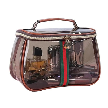 New Retro Vintage Vanity Bag, Clear Makeup Organizer with Handle, Waterproof Transparent Toiletry Bag, Large Capacity Cosmetic Makeup Bag for Women, Travel Skincare Storage Case (Coffee)