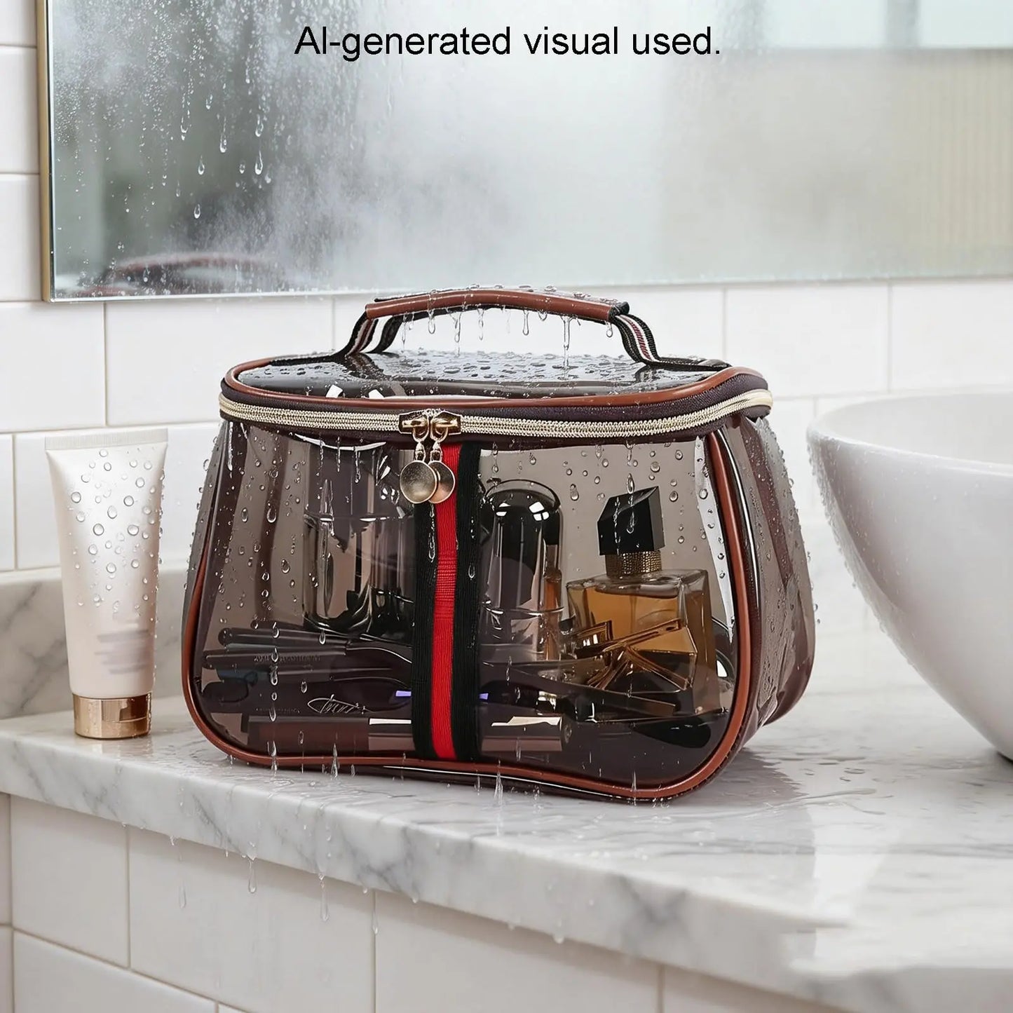 New Retro Vintage Vanity Bag, Clear Makeup Organizer with Handle, Waterproof Transparent Toiletry Bag, Large Capacity Cosmetic Makeup Bag for Women, Travel Skincare Storage Case (Coffee)