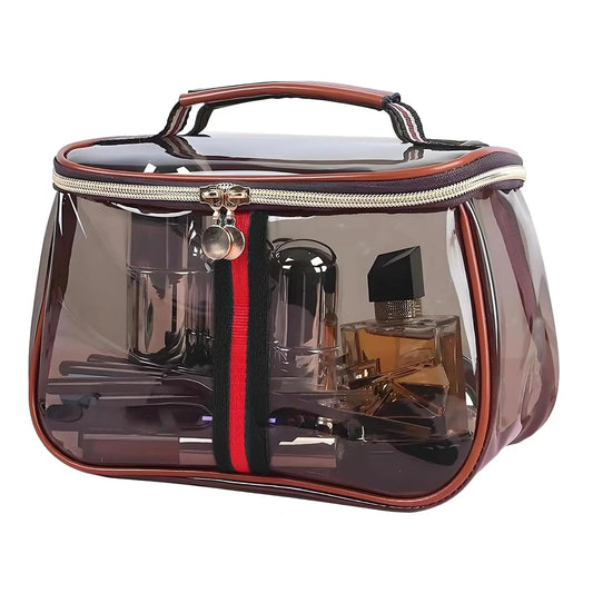 New Retro Vintage Vanity Bag, Clear Makeup Organizer with Handle, Waterproof Transparent Toiletry Bag, Large Capacity Cosmetic Makeup Bag for Women, Travel Skincare Storage Case (Coffee)