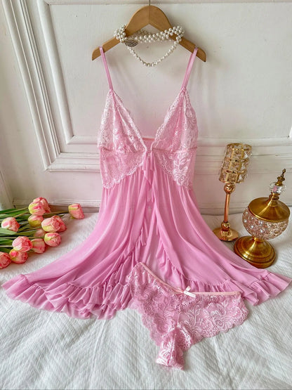 Ladies' Sexy Ruffle Trim Cami Nightdress & Bow Decor Panty Set, Comfortable Playful Floral Lace Sheer Sleepwear Set, Glamour Lingerie Set