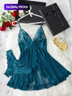 Ladies' Sexy Ruffle Trim Cami Nightdress & Bow Decor Panty Set, Comfortable Playful Floral Lace Sheer Sleepwear Set, Glamour Lingerie Set