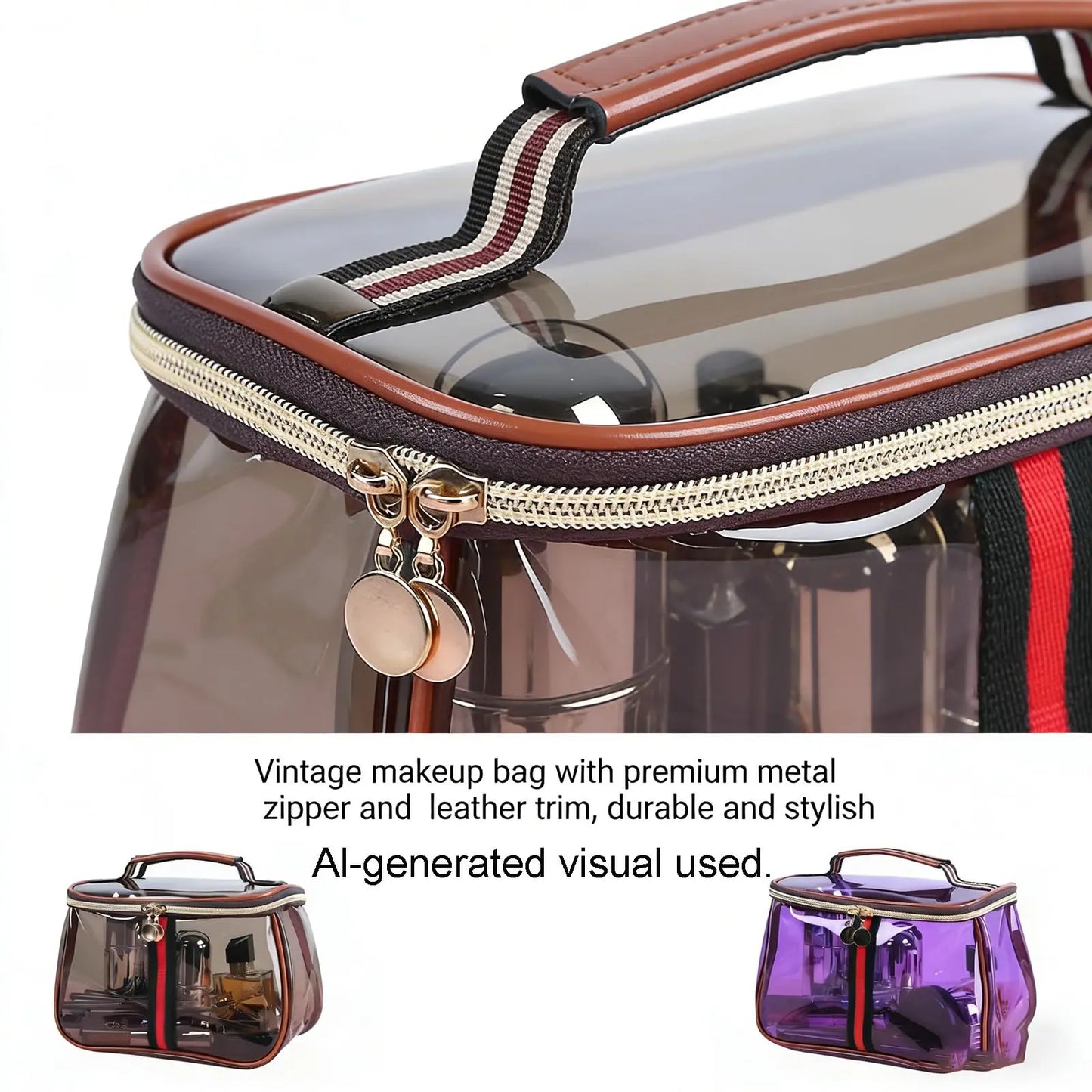 New Retro Vintage Vanity Bag, Clear Makeup Organizer with Handle, Waterproof Transparent Toiletry Bag, Large Capacity Cosmetic Makeup Bag for Women, Travel Skincare Storage Case (Coffee)