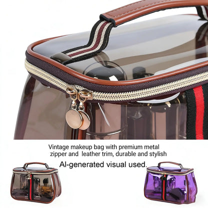 New Retro Vintage Vanity Bag, Clear Makeup Organizer with Handle, Waterproof Transparent Toiletry Bag, Large Capacity Cosmetic Makeup Bag for Women, Travel Skincare Storage Case (Coffee)