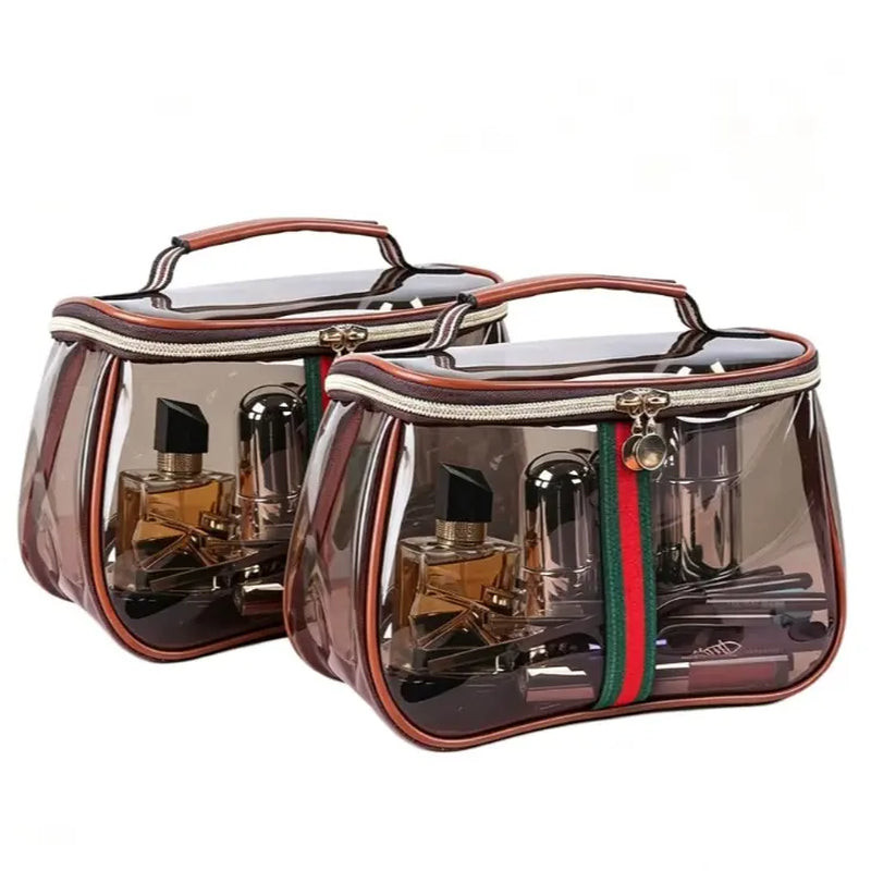 New Retro Vintage Vanity Bag, Clear Makeup Organizer with Handle, Waterproof Transparent Toiletry Bag, Large Capacity Cosmetic Makeup Bag for Women, Travel Skincare Storage Case (Coffee)