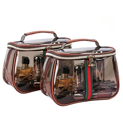 New Retro Vintage Vanity Bag, Clear Makeup Organizer with Handle, Waterproof Transparent Toiletry Bag, Large Capacity Cosmetic Makeup Bag for Women, Travel Skincare Storage Case (Coffee)