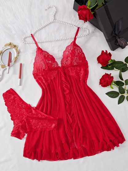 Ladies' Sexy Ruffle Trim Cami Nightdress & Bow Decor Panty Set, Comfortable Playful Floral Lace Sheer Sleepwear Set, Glamour Lingerie Set