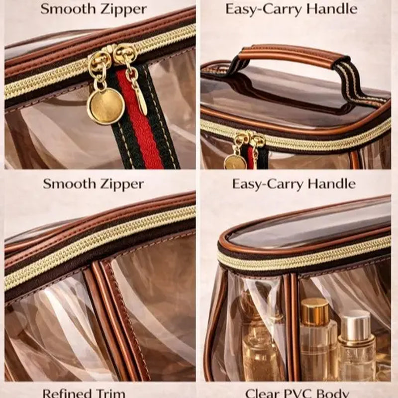 New Retro Vintage Vanity Bag, Clear Makeup Organizer with Handle, Waterproof Transparent Toiletry Bag, Large Capacity Cosmetic Makeup Bag for Women, Travel Skincare Storage Case (Coffee)