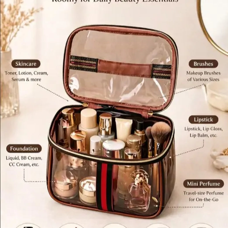 New Retro Vintage Vanity Bag, Clear Makeup Organizer with Handle, Waterproof Transparent Toiletry Bag, Large Capacity Cosmetic Makeup Bag for Women, Travel Skincare Storage Case (Coffee)