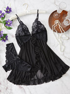Ladies' Sexy Ruffle Trim Cami Nightdress & Bow Decor Panty Set, Comfortable Playful Floral Lace Sheer Sleepwear Set, Glamour Lingerie Set