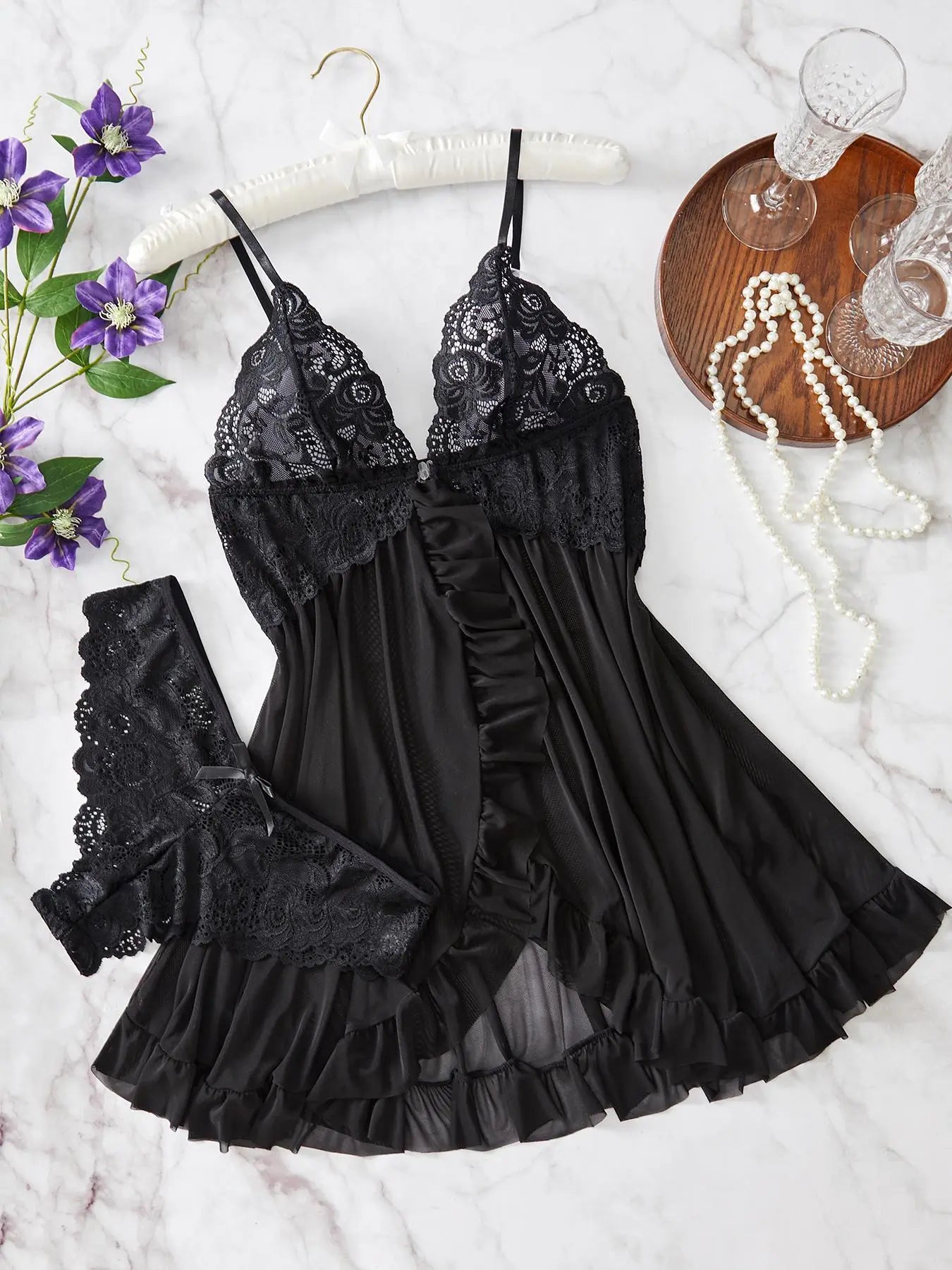 Ladies' Sexy Ruffle Trim Cami Nightdress & Bow Decor Panty Set, Comfortable Playful Floral Lace Sheer Sleepwear Set, Glamour Lingerie Set