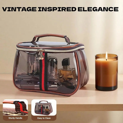 New Retro Vintage Vanity Bag, Clear Makeup Organizer with Handle, Waterproof Transparent Toiletry Bag, Large Capacity Cosmetic Makeup Bag for Women, Travel Skincare Storage Case (Coffee)